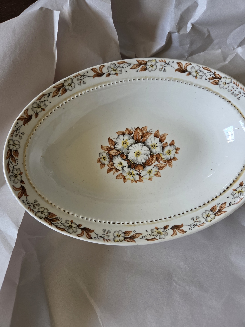 Floral Ceramic Serving Bowl in Cream and Brown